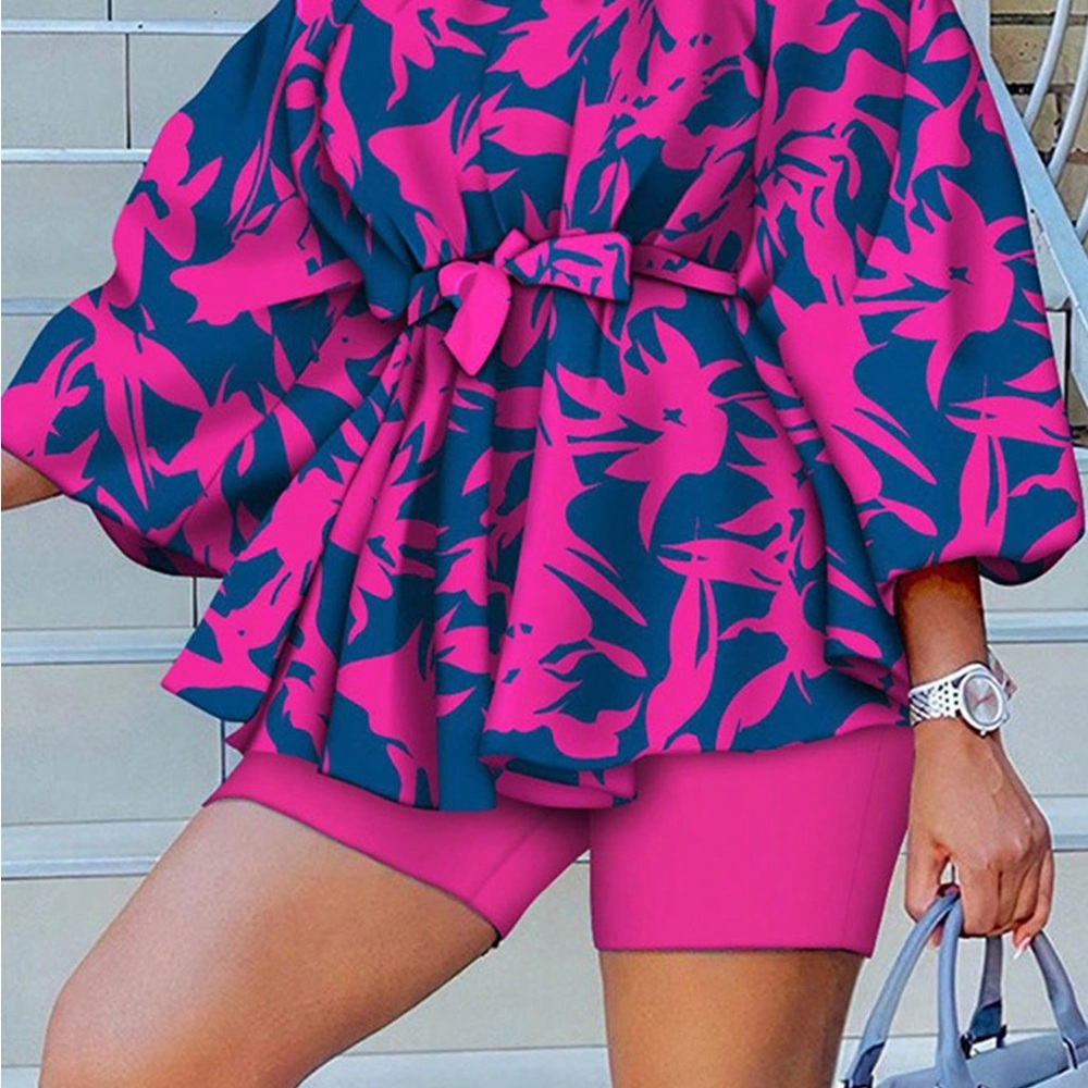 Pink and Blue Floral Print Blouse and Shorts Set